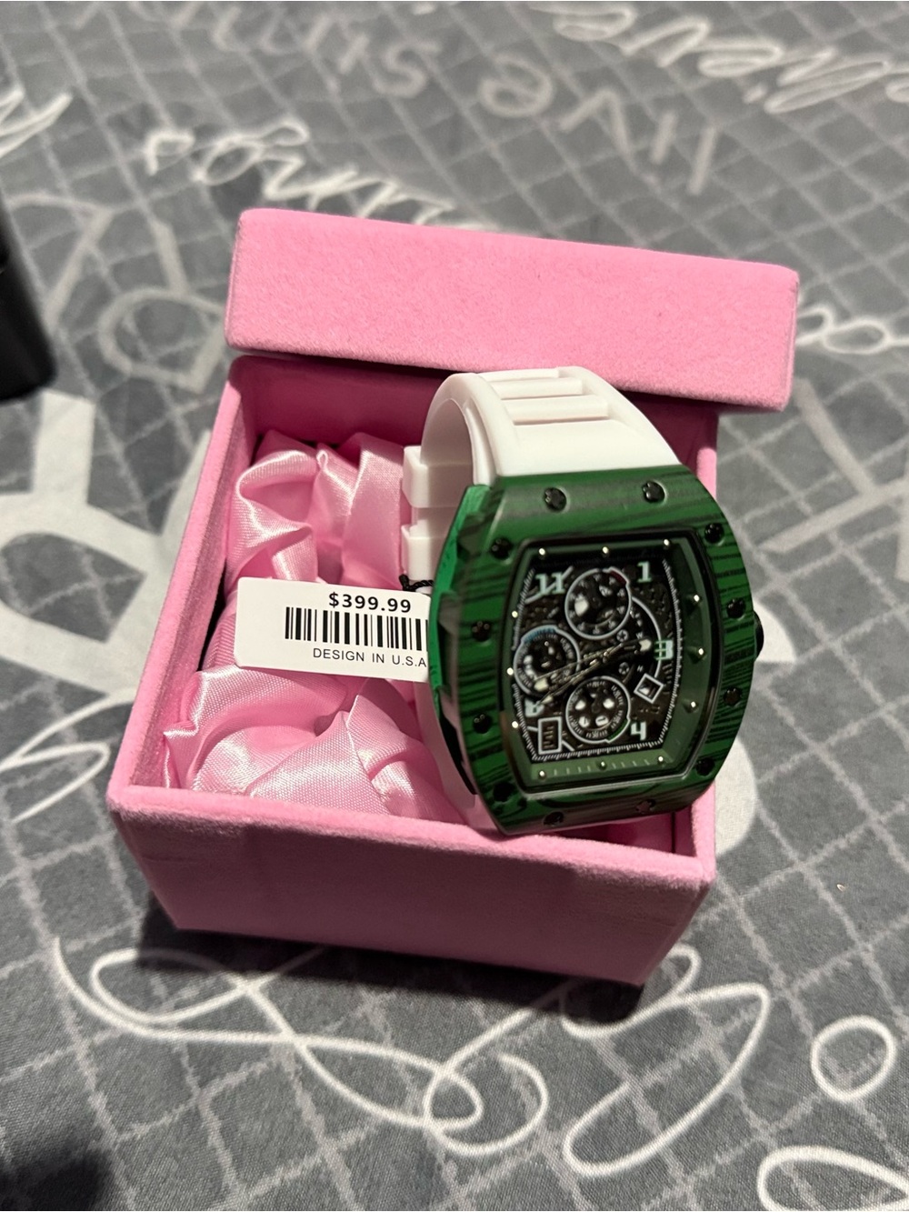 Men's White Strap Watch with Green Bezel - Unbranded